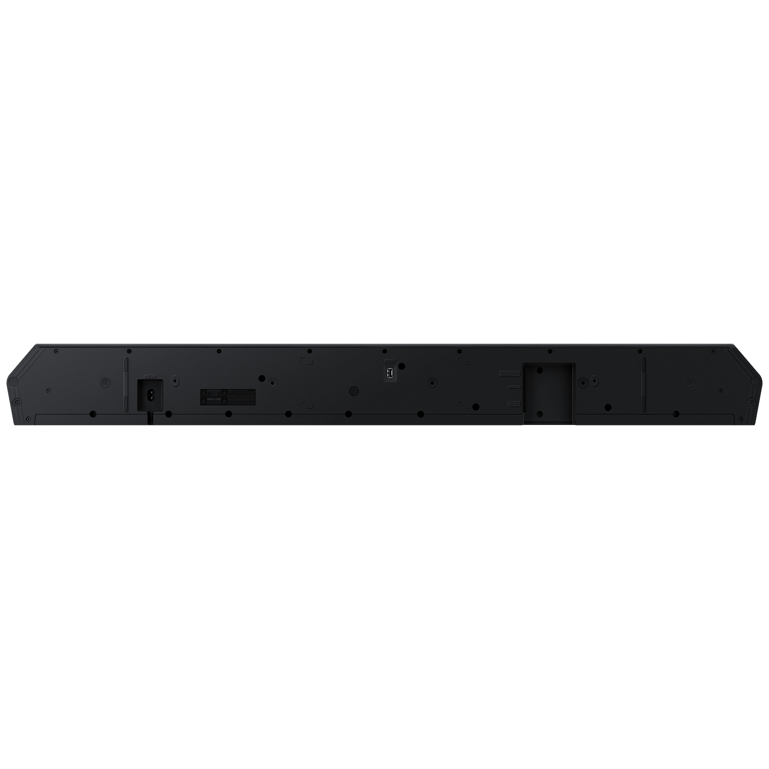 Rear view of a black soundbar showing ports and labels.