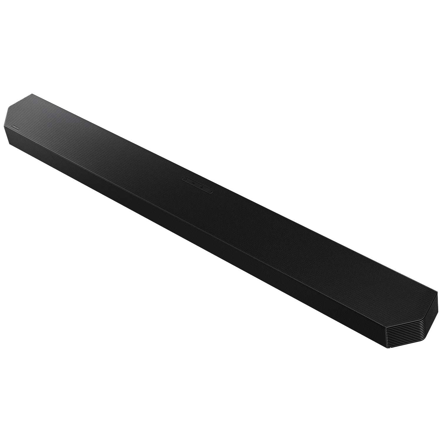 A black, slim soundbar speaker with a ribbed front and side control buttons.