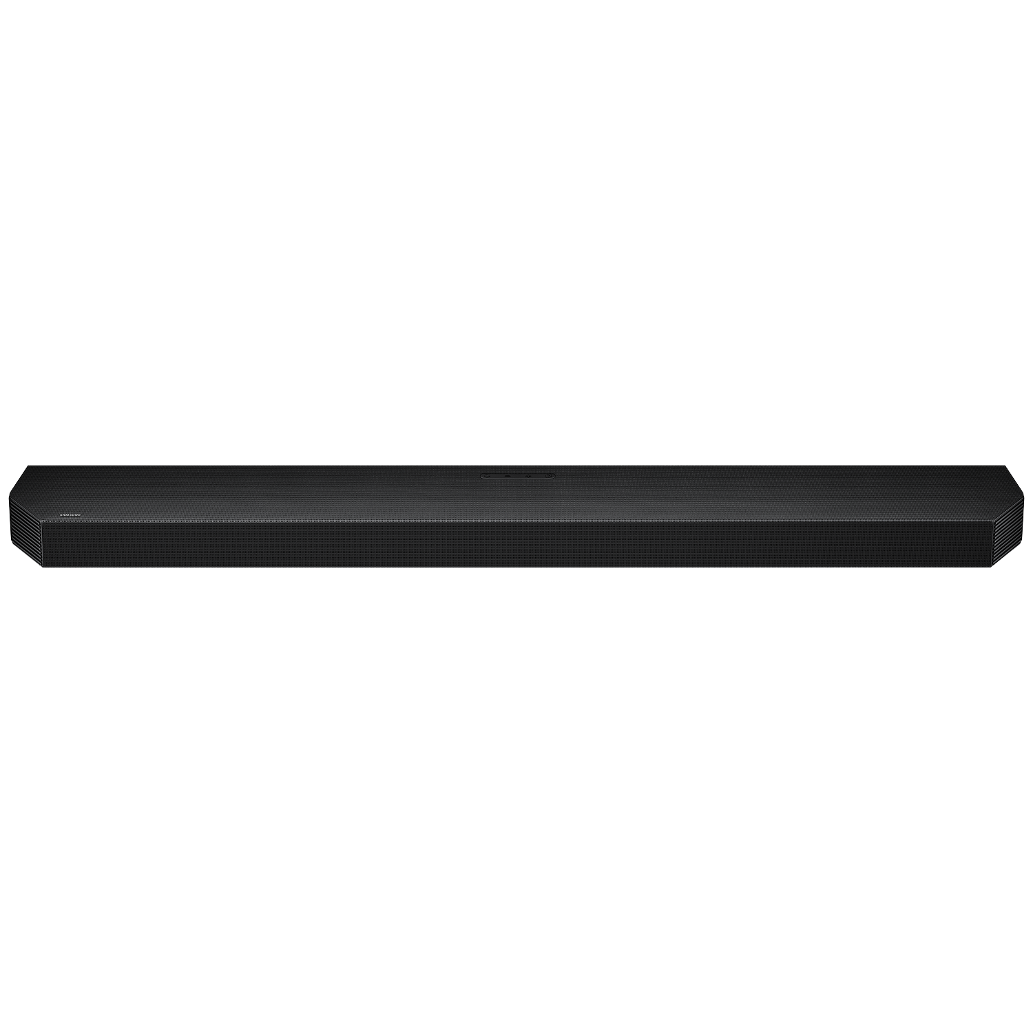 Black, long Samsung soundbar with speaker grille and buttons on top.