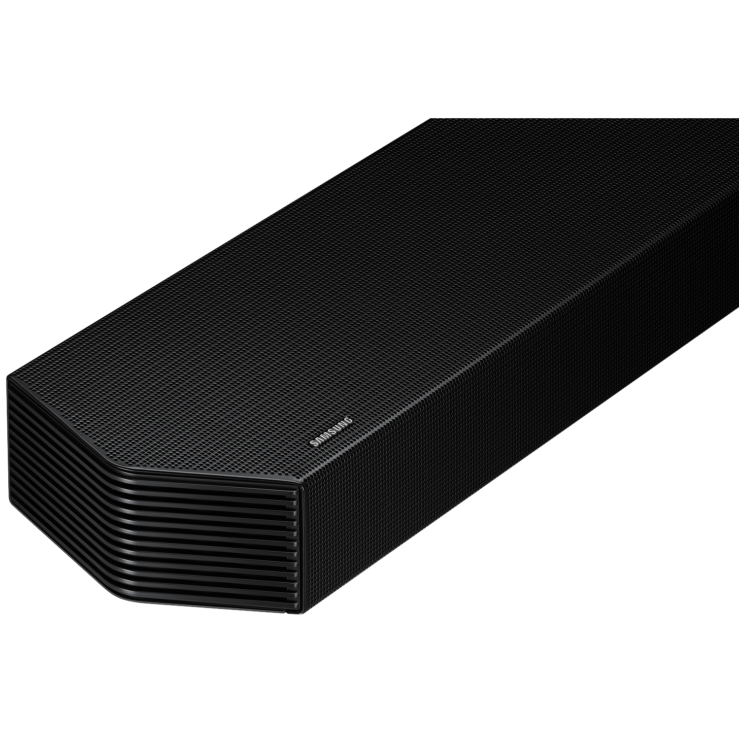 Black Samsung speaker with ribbed front and perforated pattern.