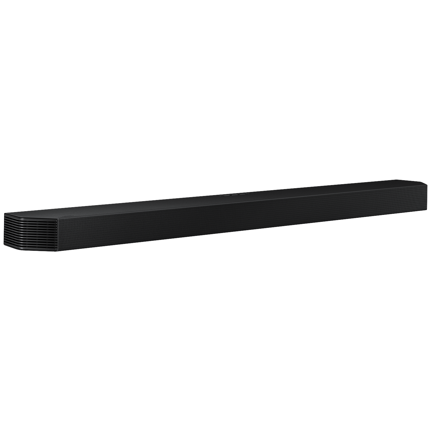 A black, slim soundbar with a grooved front and rounded edges, on a white background.
