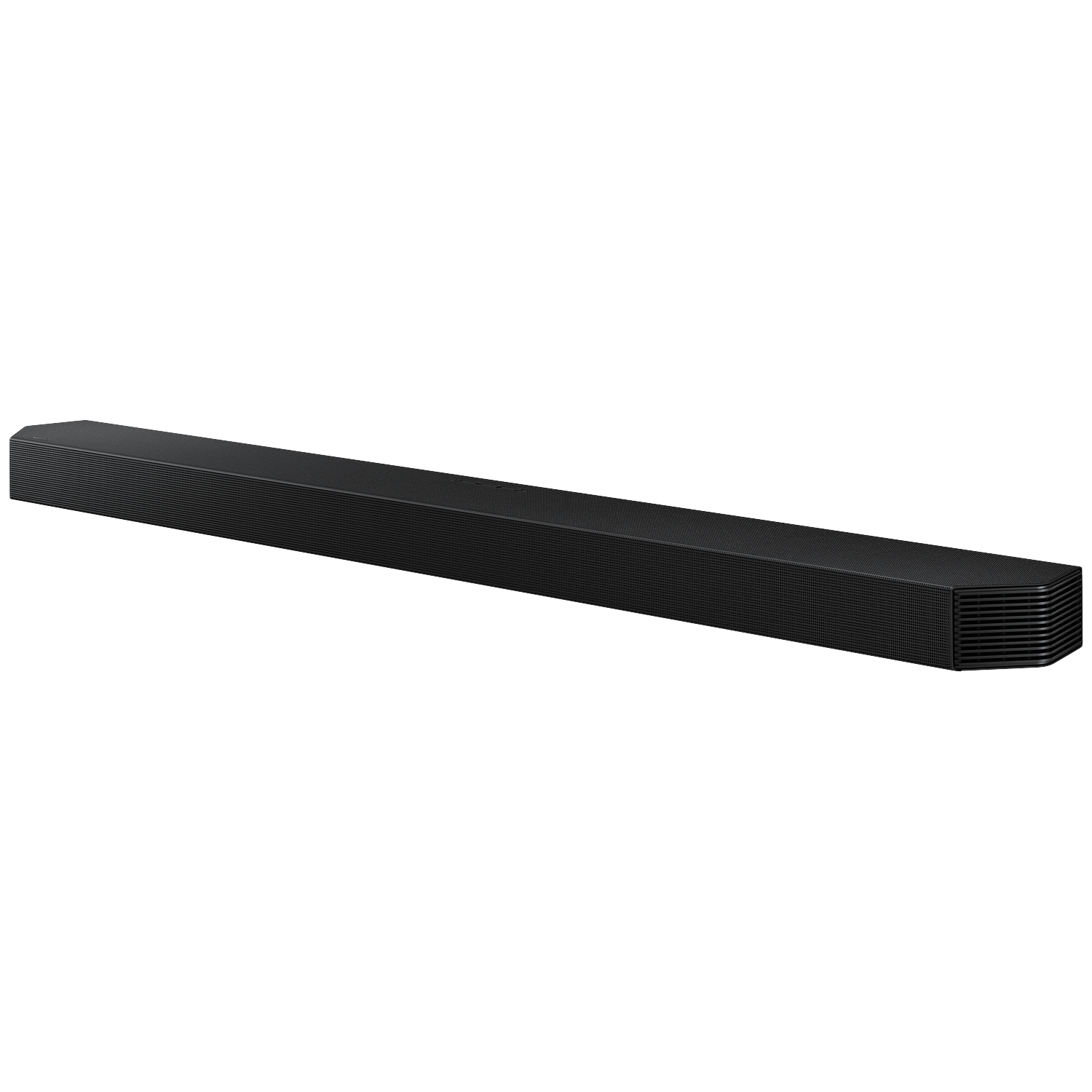 Black, slim soundbar with a ribbed texture and vents on one end.