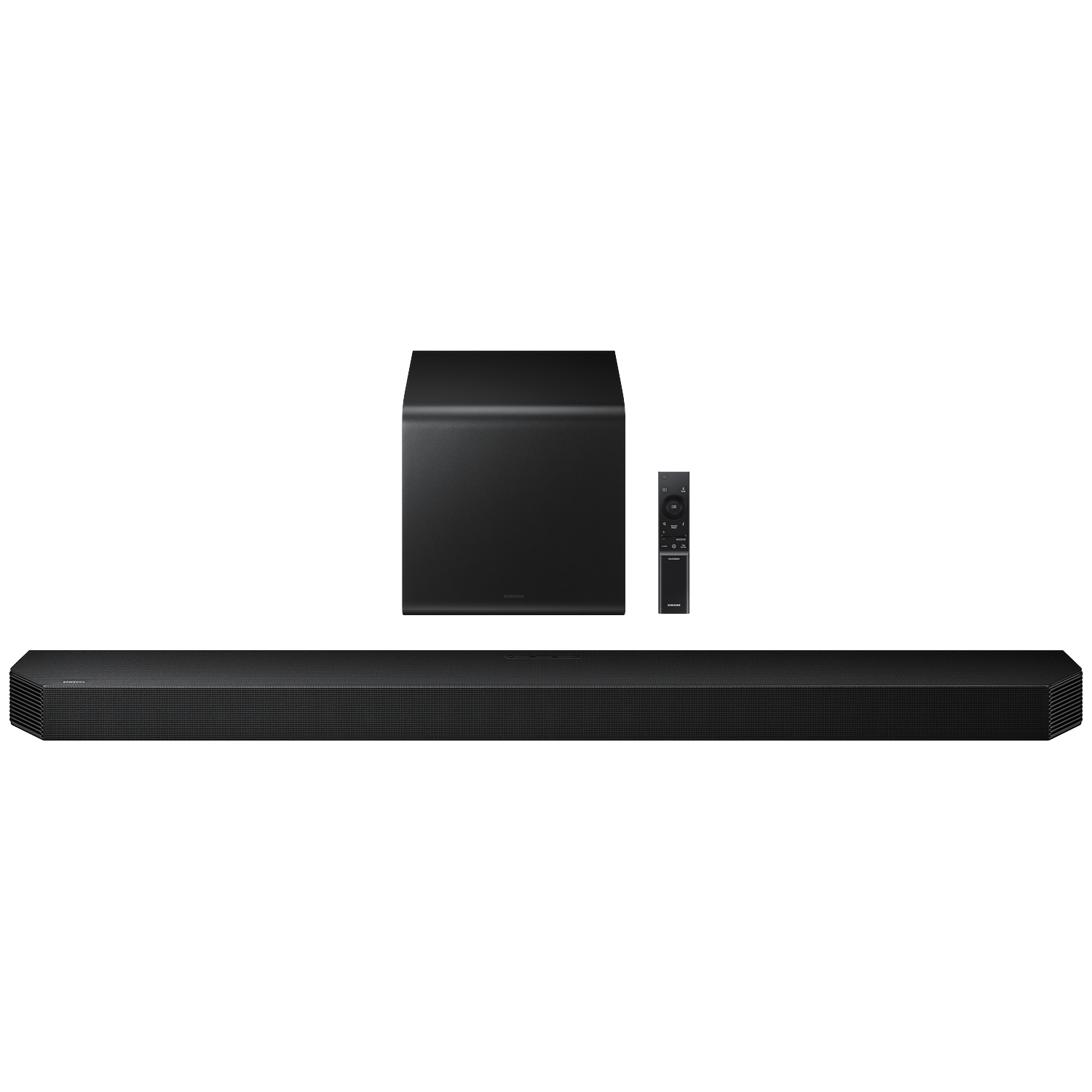Black soundbar, subwoofer, and remote control on a white background.