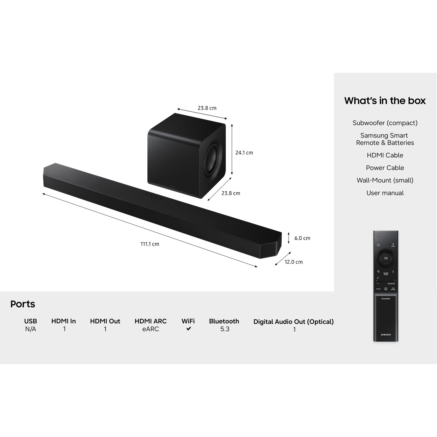 Black soundbar, subwoofer, remote, and ports with dimensions shown.