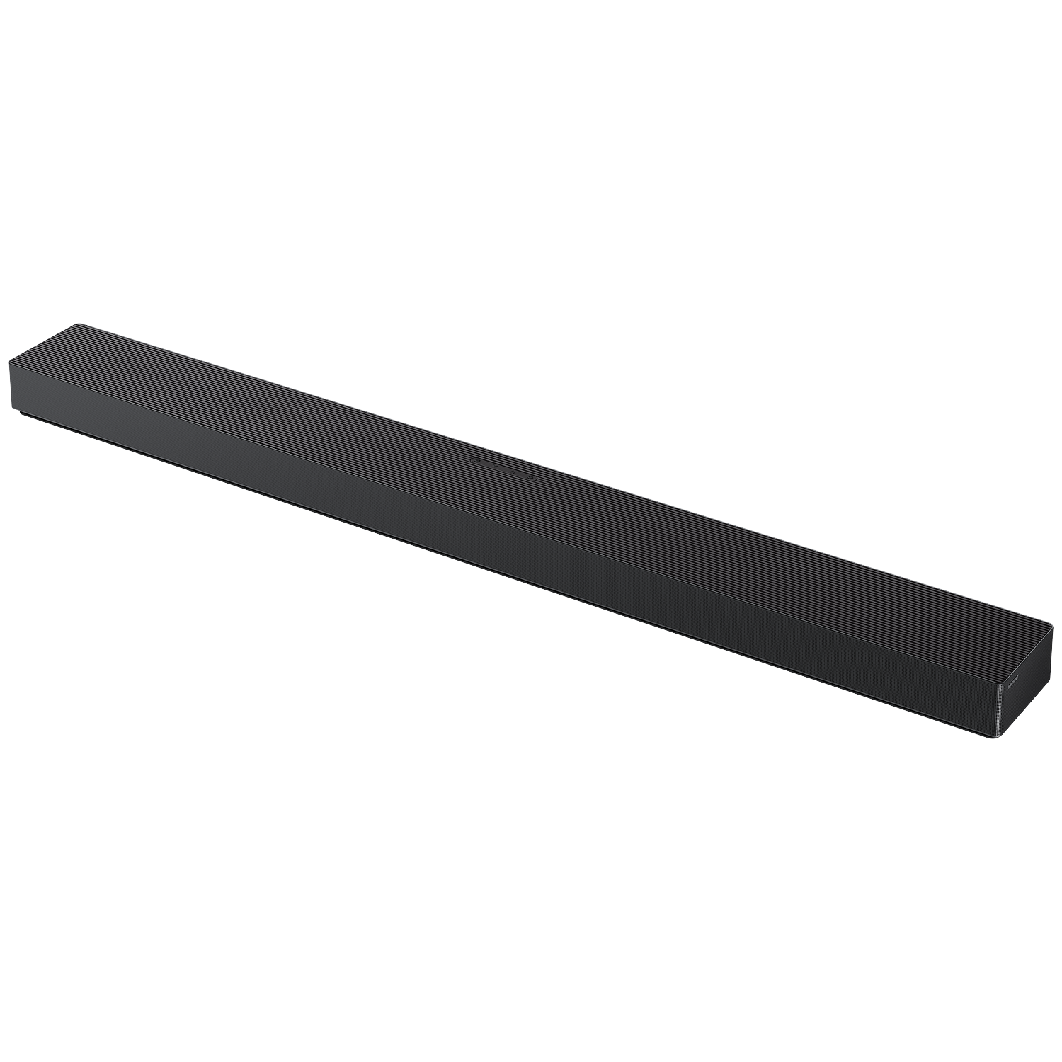 A slim black soundbar with a ribbed texture, isolated on a white background.