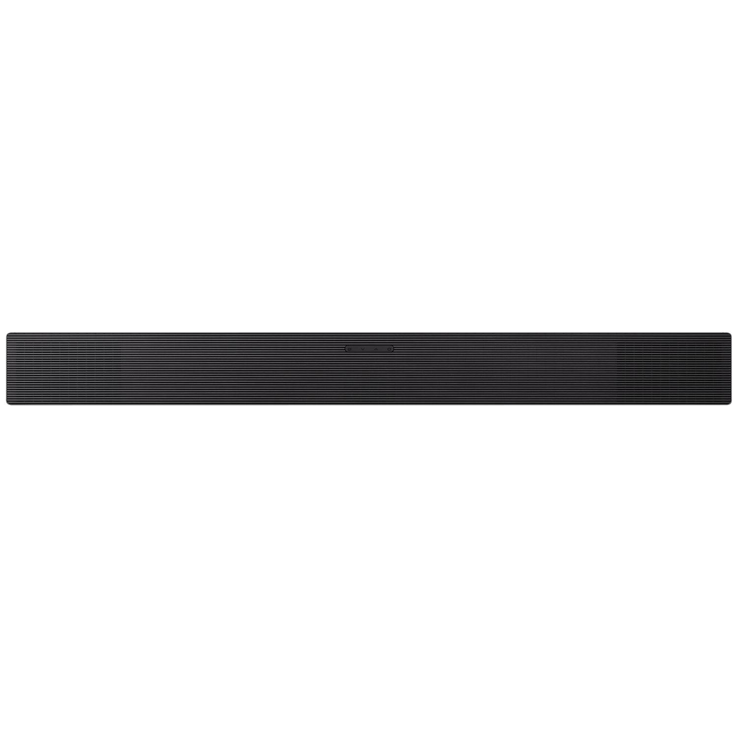 Black slim speaker bar with ribbed front and control buttons.