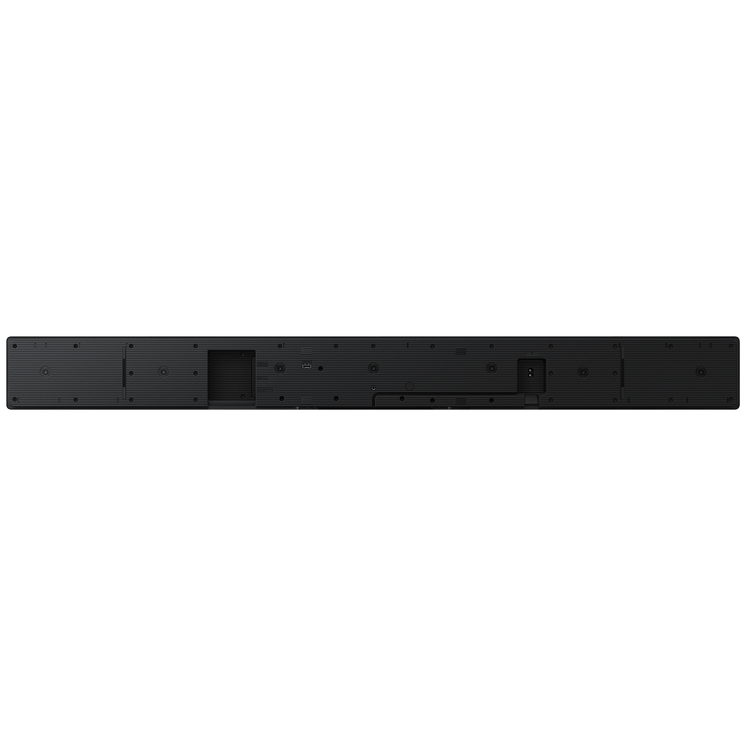 Back of a black soundbar showing ports and speaker grilles.
