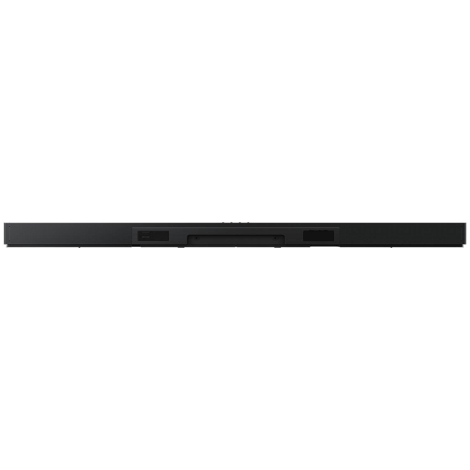 Black soundbar with ribbed front and rear ports.