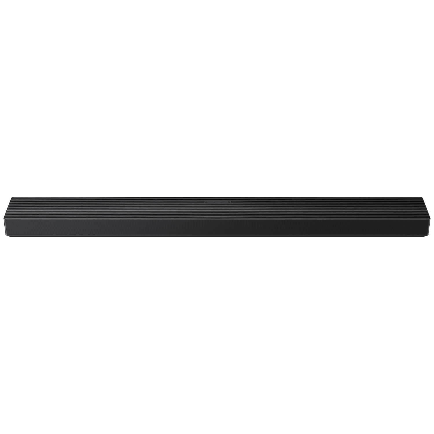 Black slim soundbar with a ribbed surface and a small logo.