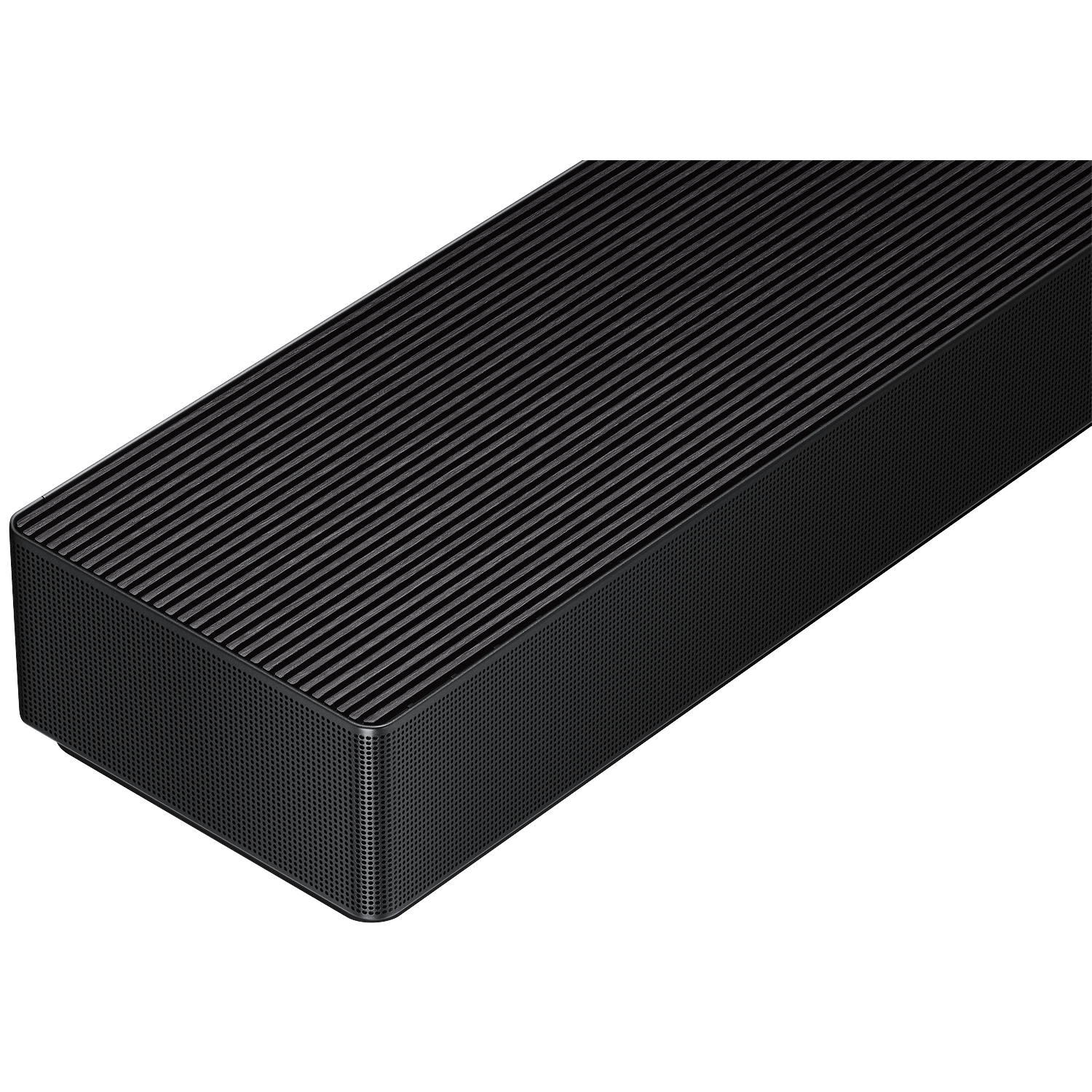 A black subwoofer with a grooved top and perforated sides.