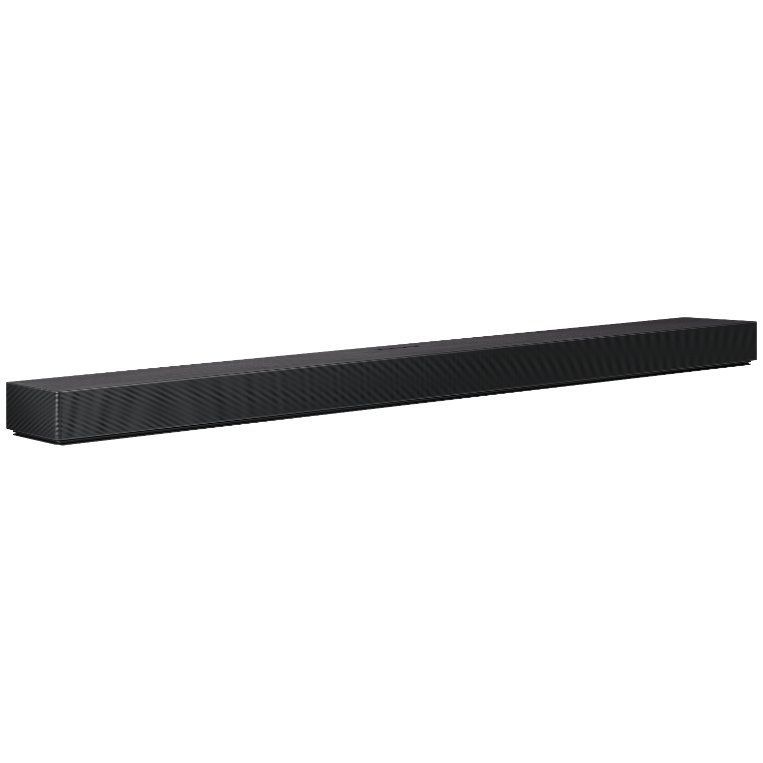 Black, rectangular soundbar speaker on a white background.
