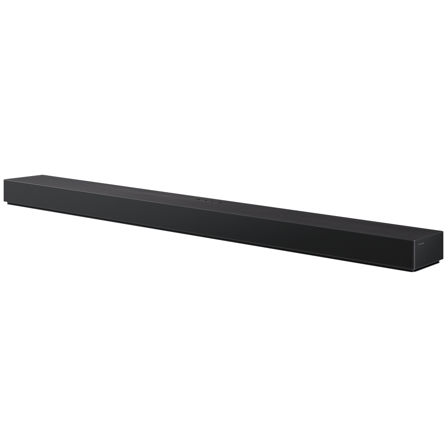 A black, slim soundbar speaker is displayed against a white background.
