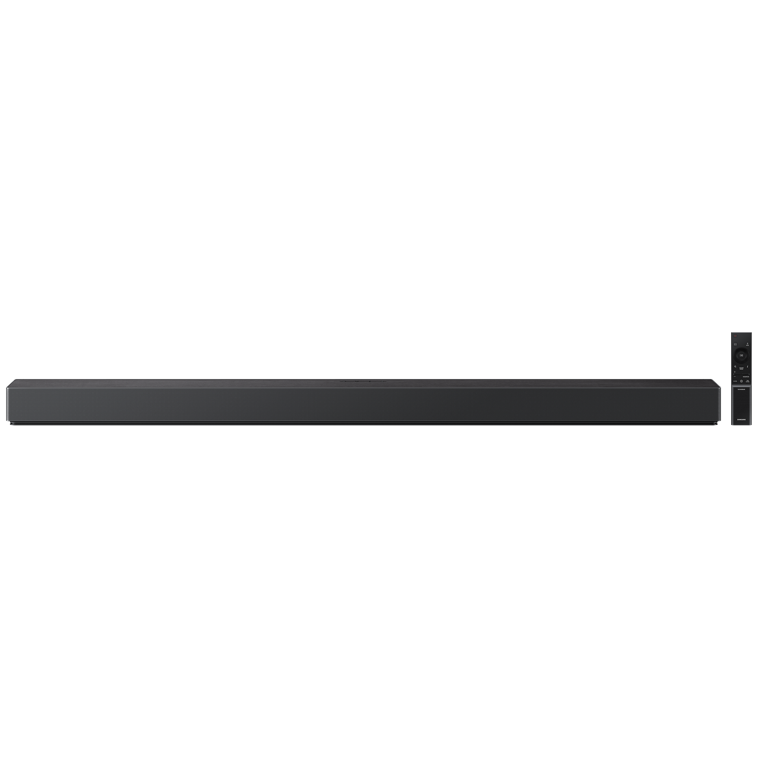 Black soundbar with remote control on a white background.