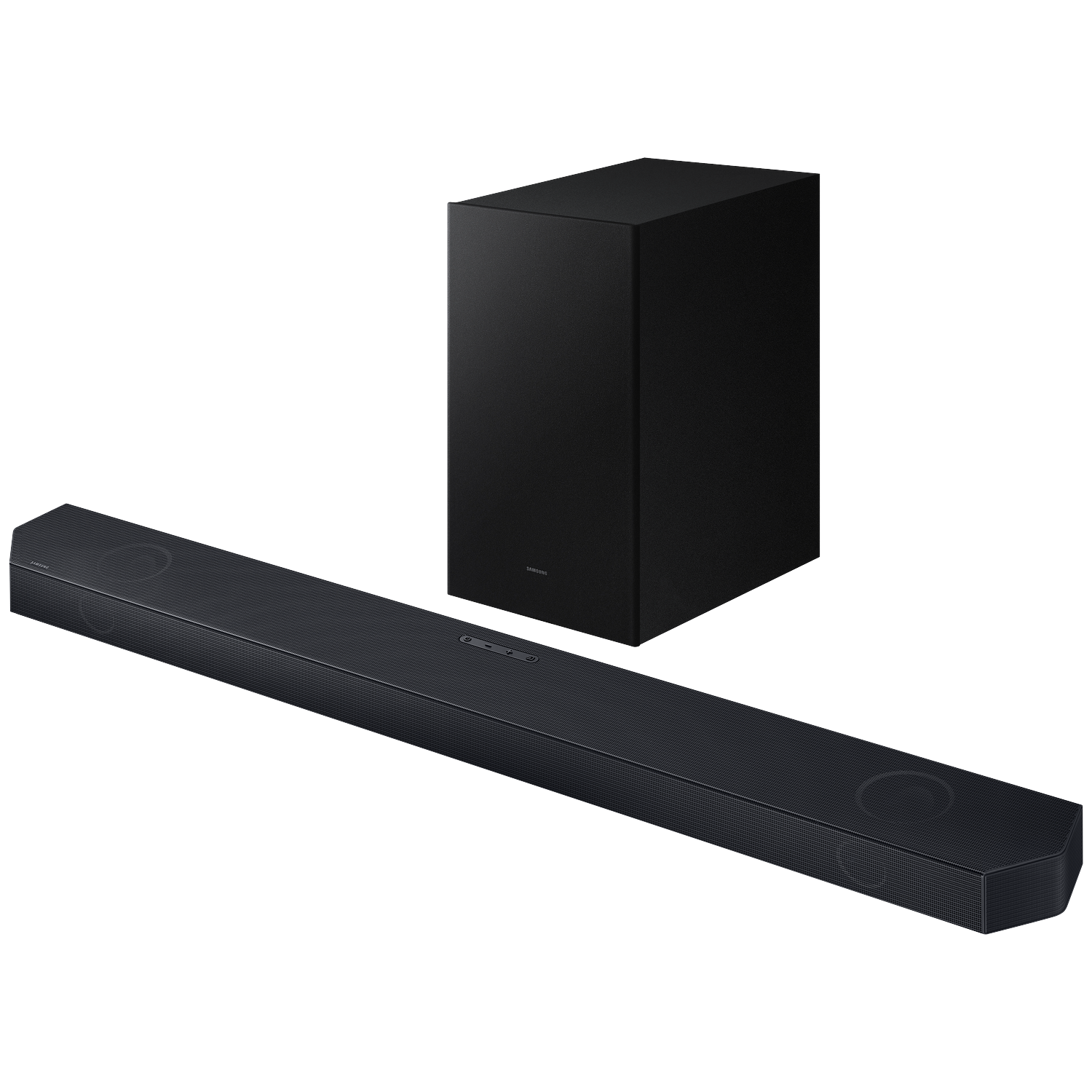 Black soundbar and subwoofer on a black background.