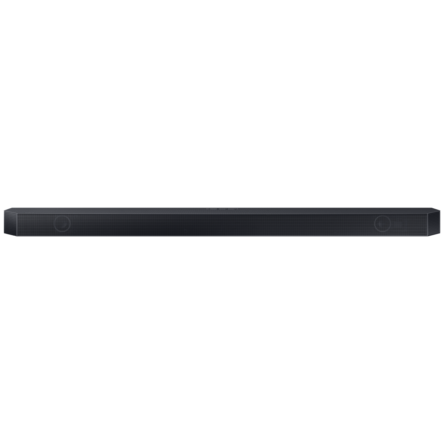 A black, slim soundbar speaker with visible speaker grilles on both ends.
