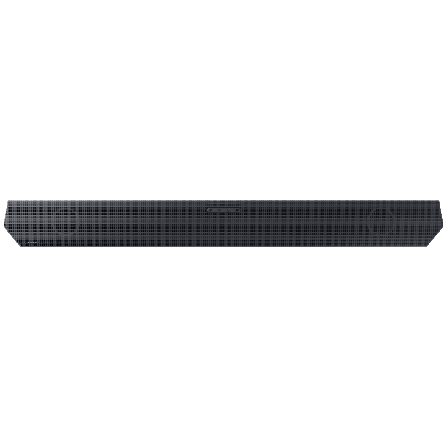 Dark gray soundbar with speaker grills on both ends and control buttons.