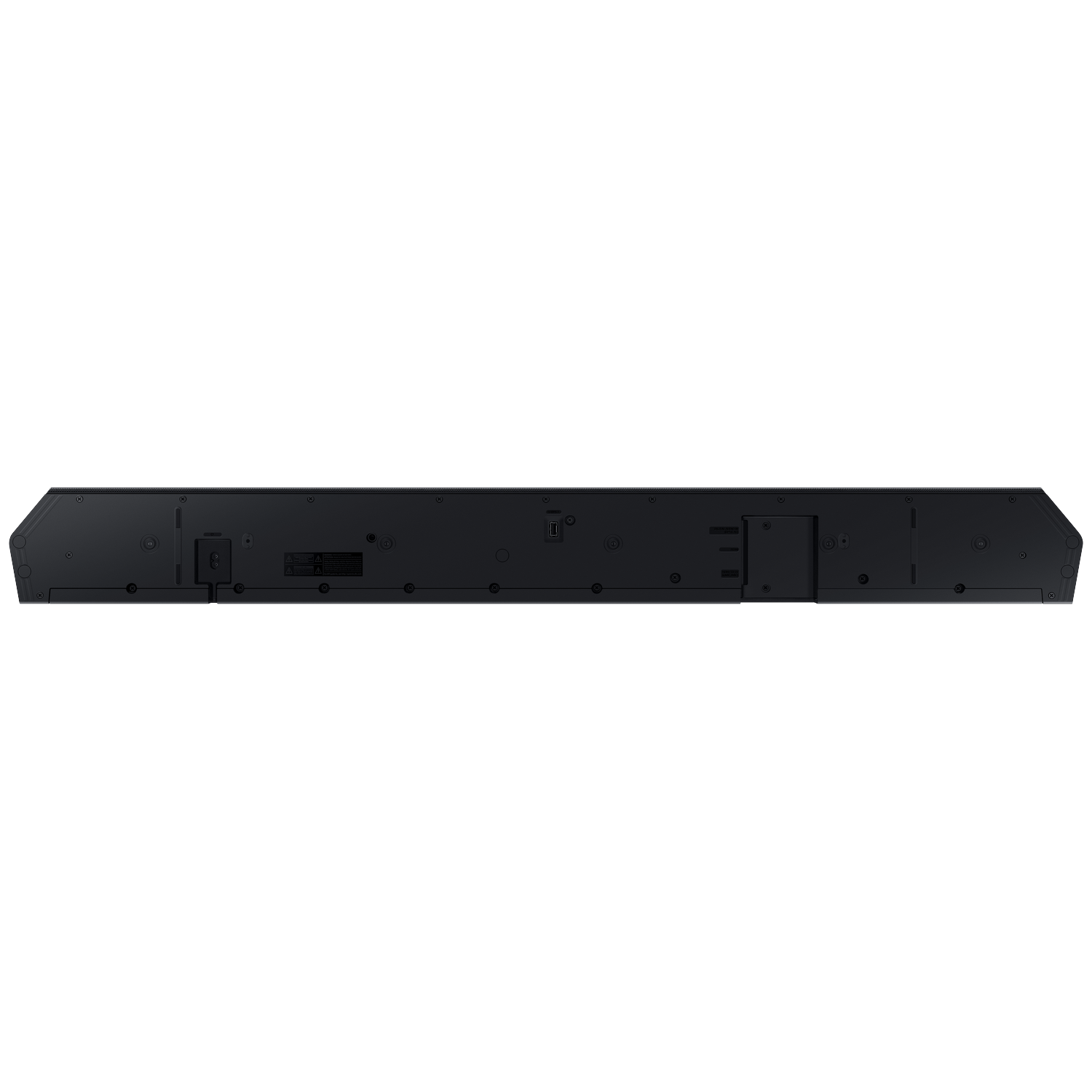 Back of a black soundbar showing ports and labels.