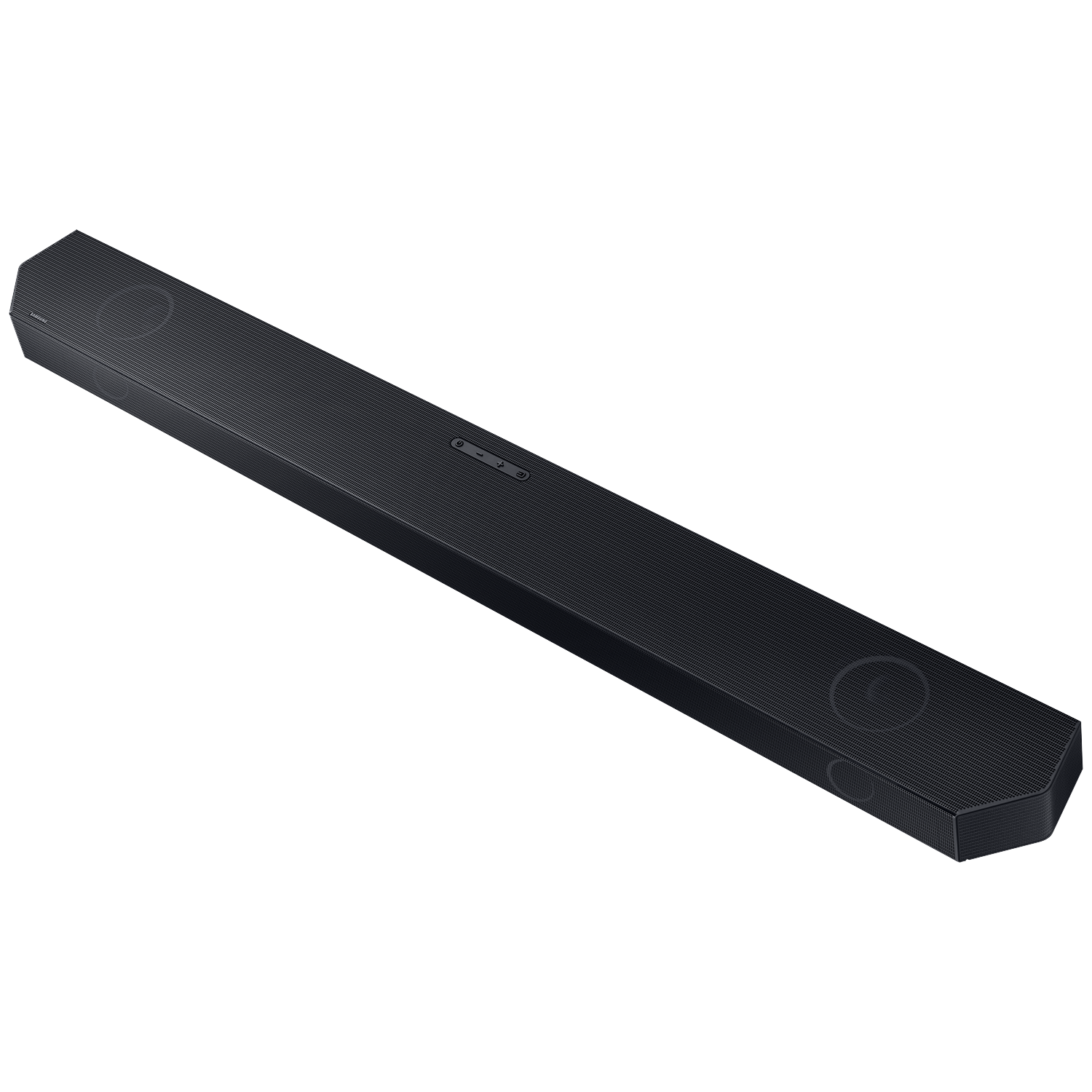 Black, octagonal soundbar speaker with a ribbed top and control buttons.