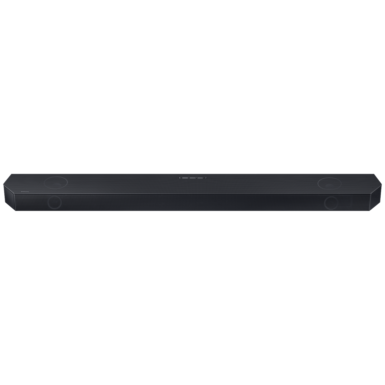 A black, long soundbar with circular elements on its ends against a white background.