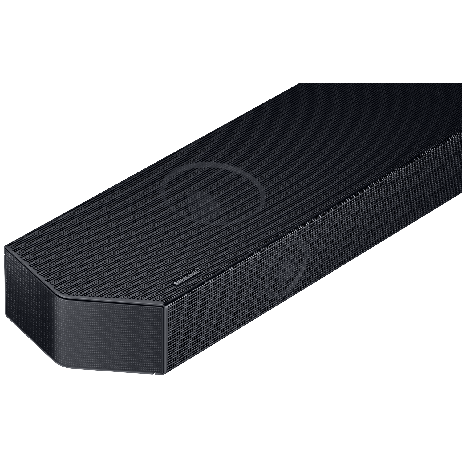 Black soundbar with a grille pattern and round speaker covers.
