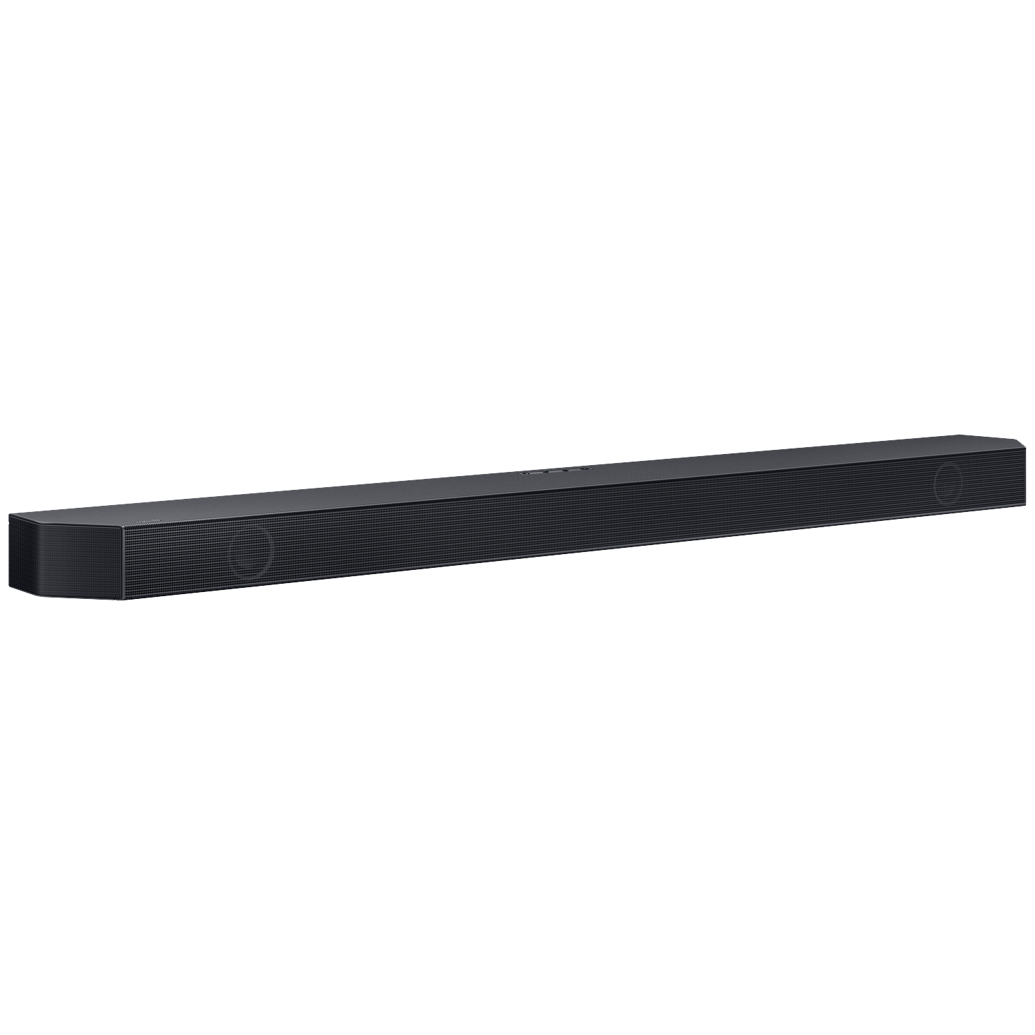 A sleek, black soundbar with silver accents on a white background.