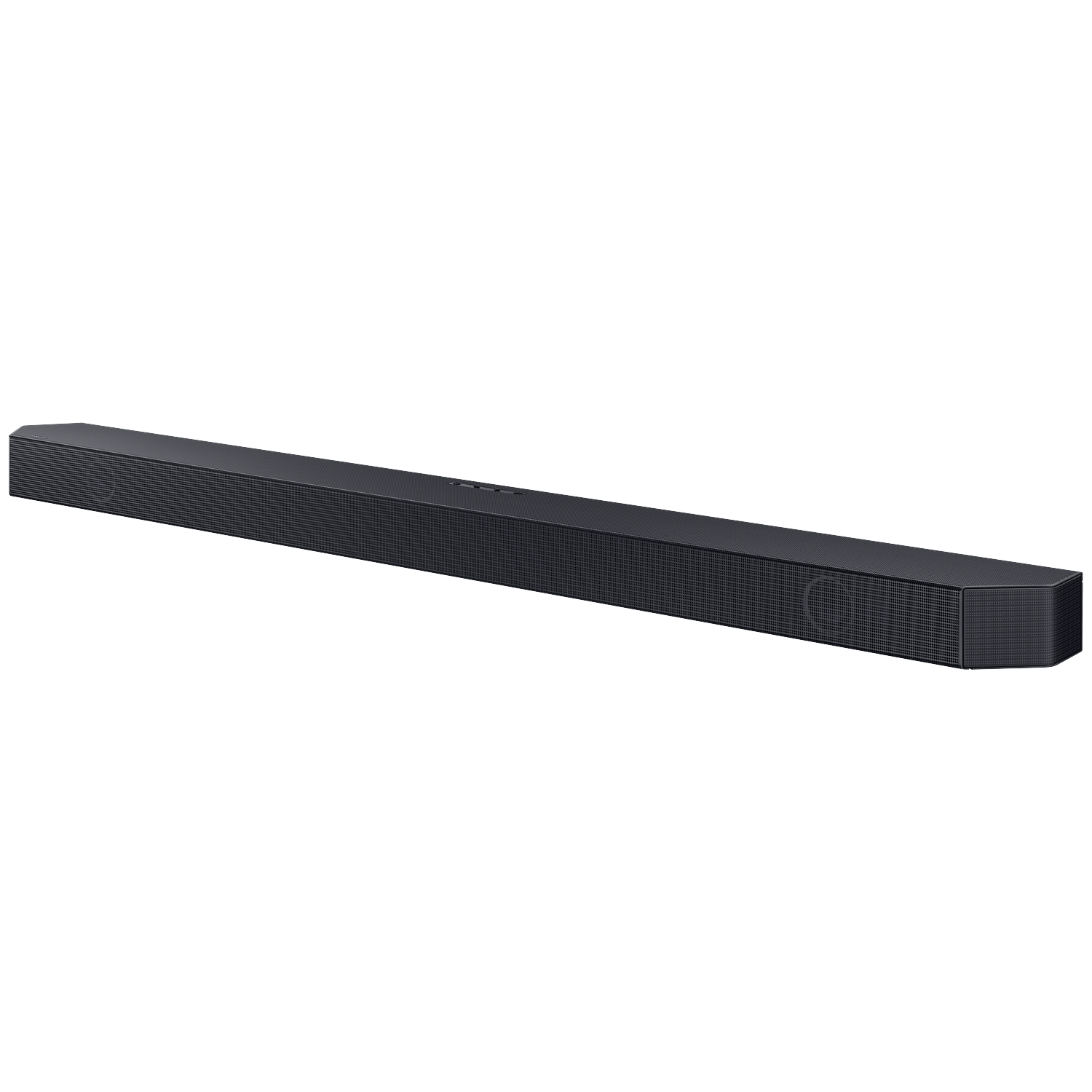 A long, dark grey soundbar with a textured grille sits on a white background.