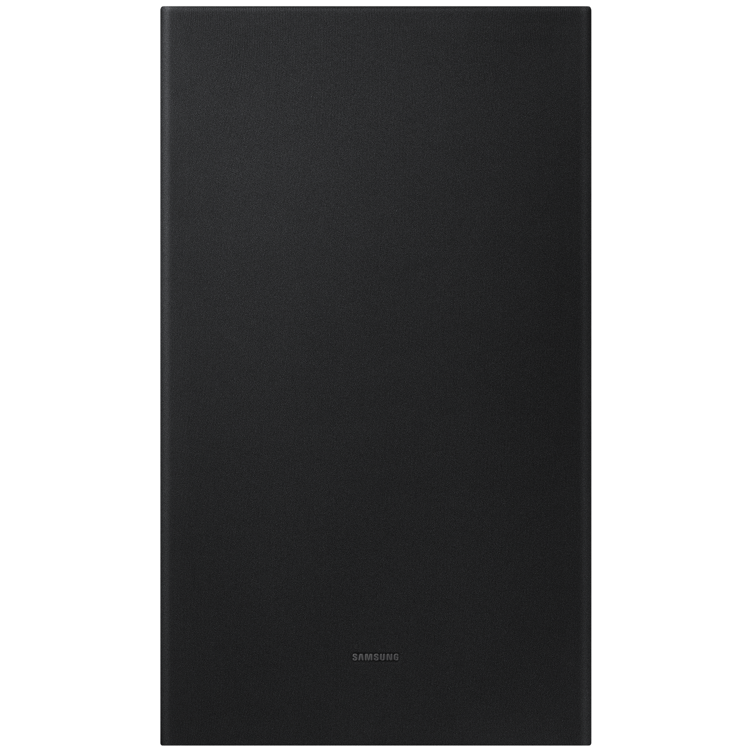 Black Samsung subwoofer, positioned vertically against a black background.