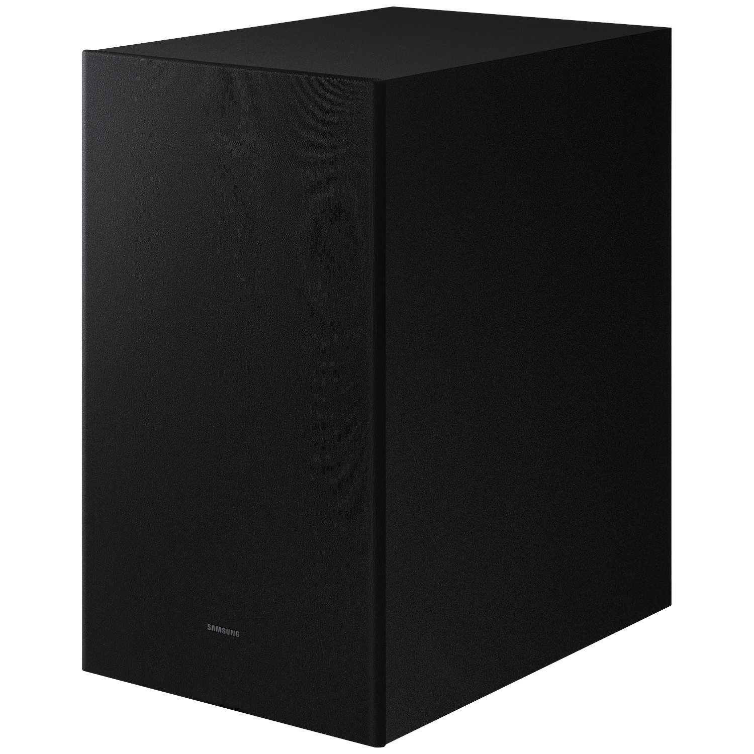A black Samsung subwoofer against a black background.