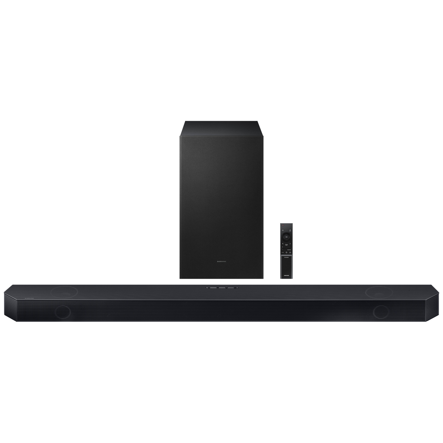 Black subwoofer, soundbar, and remote on a white background.