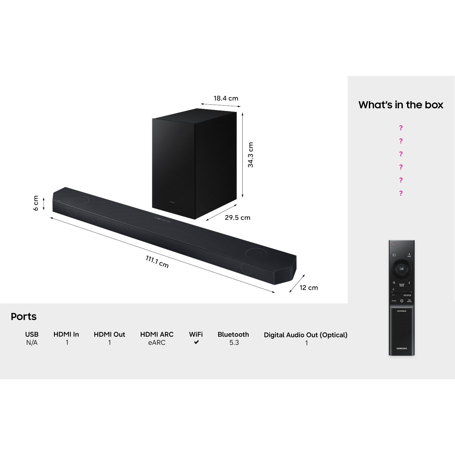 Black soundbar (111.1x6x12cm) and subwoofer (29.5x18.4x34.3cm) with remote.