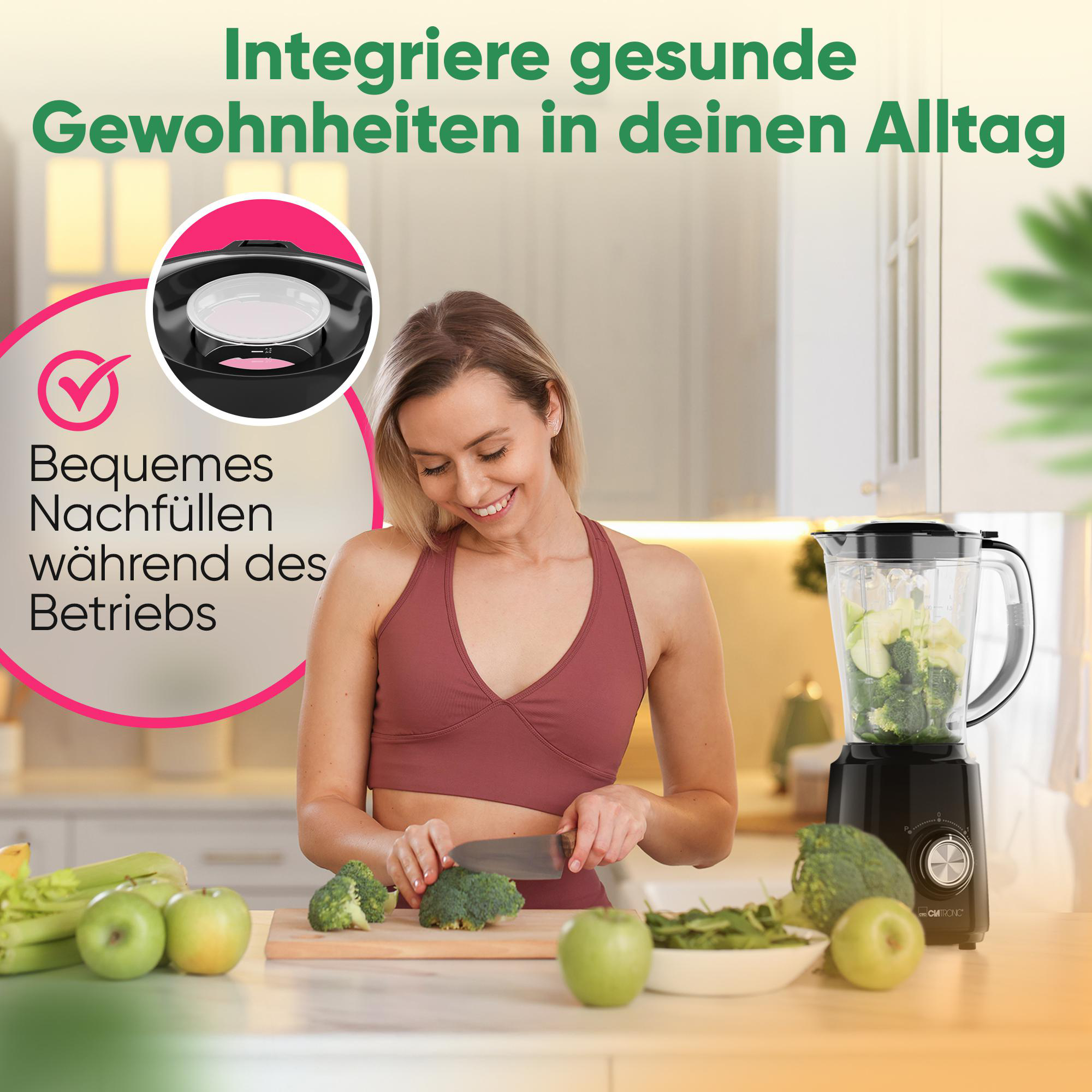 Frau schneidet Brokkoli neben einem Mixer mit Obst und Gemüse.