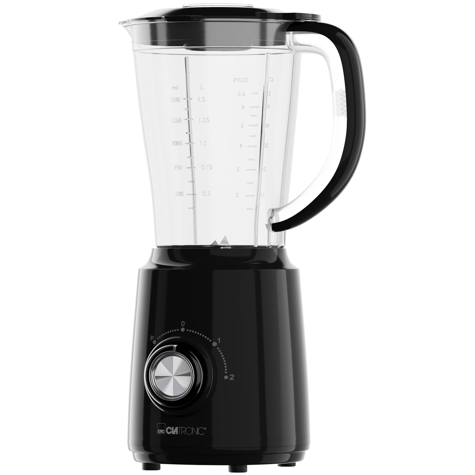 Ein schwarzer Standmixer mit einem transparenten Krug und schwarzem Griff.