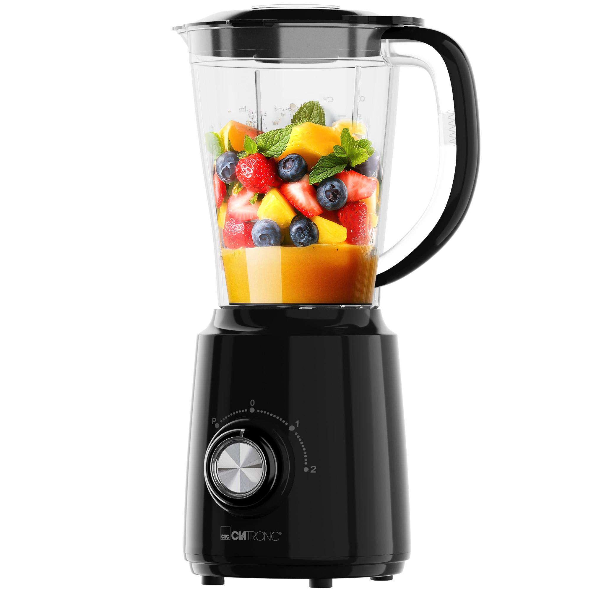 Schwarzer Standmixer gefüllt mit Obst und Saft, mit Bedienelementen.