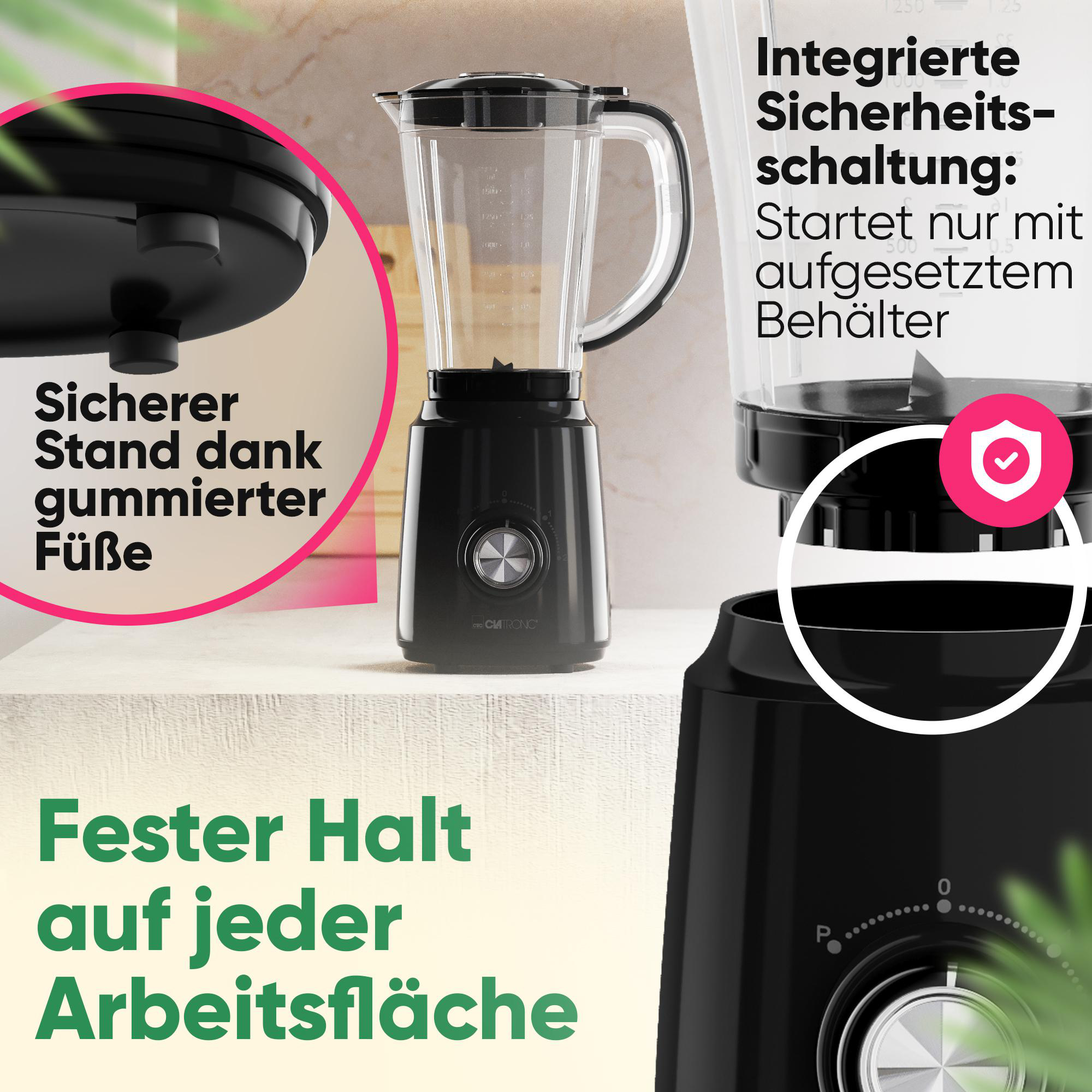 Schwarzer Standmixer mit integrierter Sicherheitsschaltung und Gummifüßen.