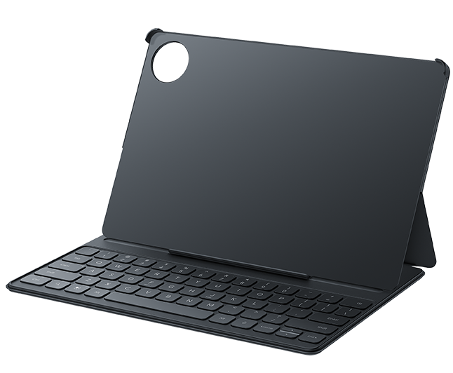 Ein dunkler Tablet-Ständer mit Tastatur und einem kreisförmigen Element oben.