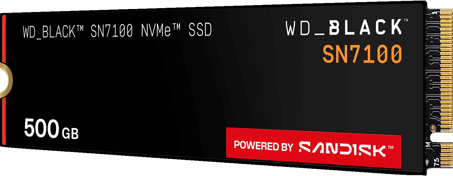 Ein schwarzes WD_BLACK SN7100 NVMe SSD mit 500 GB und Sandisk Logo.