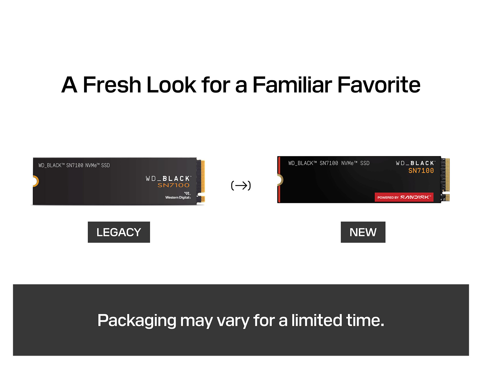 Zwei WD_BLACK SN7100 NVMe SSDs gezeigt, alte und neue Verpackung.