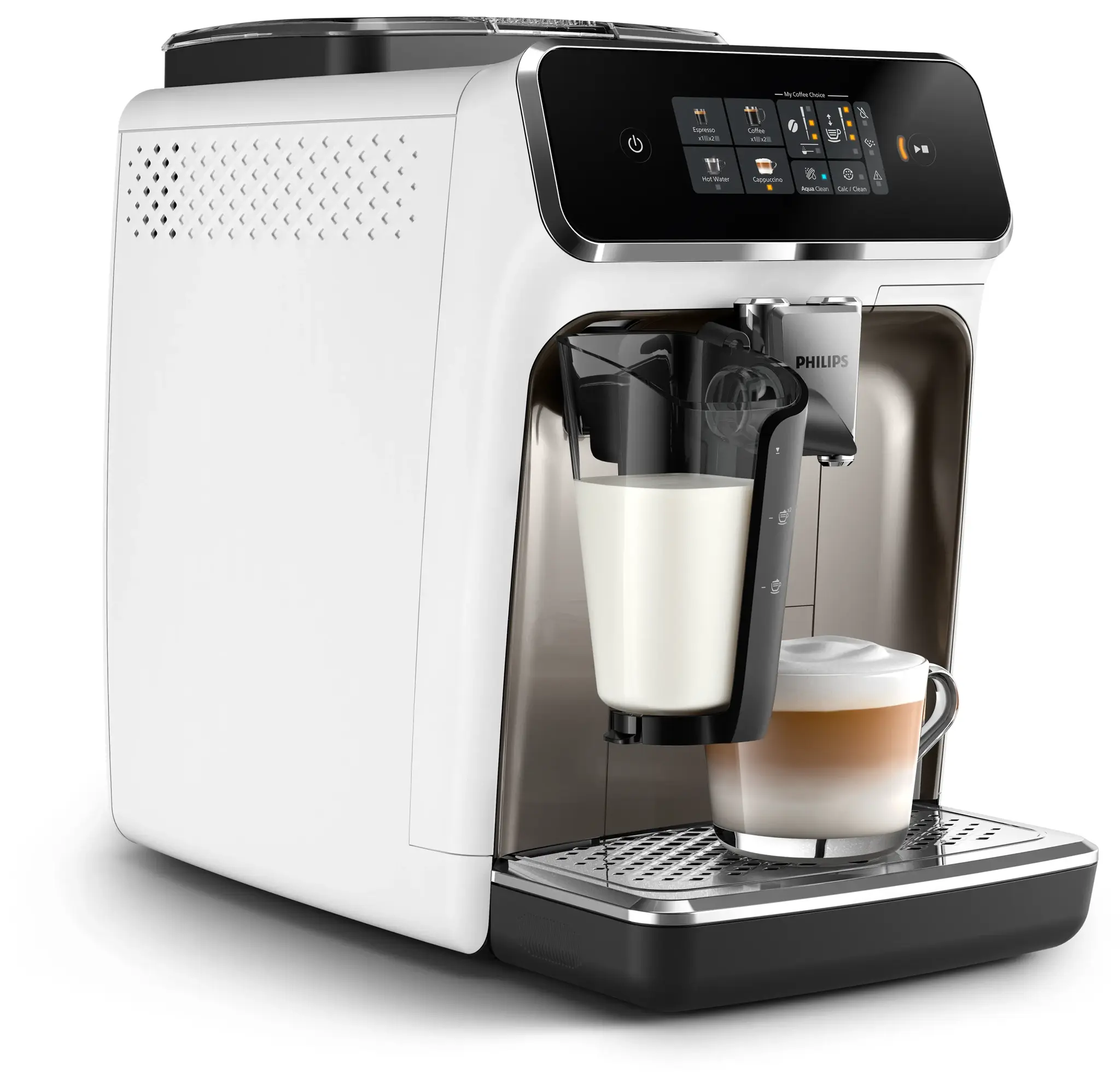Fehér Philips kávéfőző tejtartóval és kész latte macchiato-val.