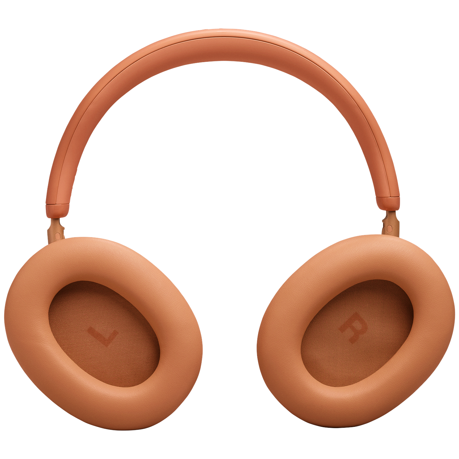 A pair of orange over-ear headphones against a black background.