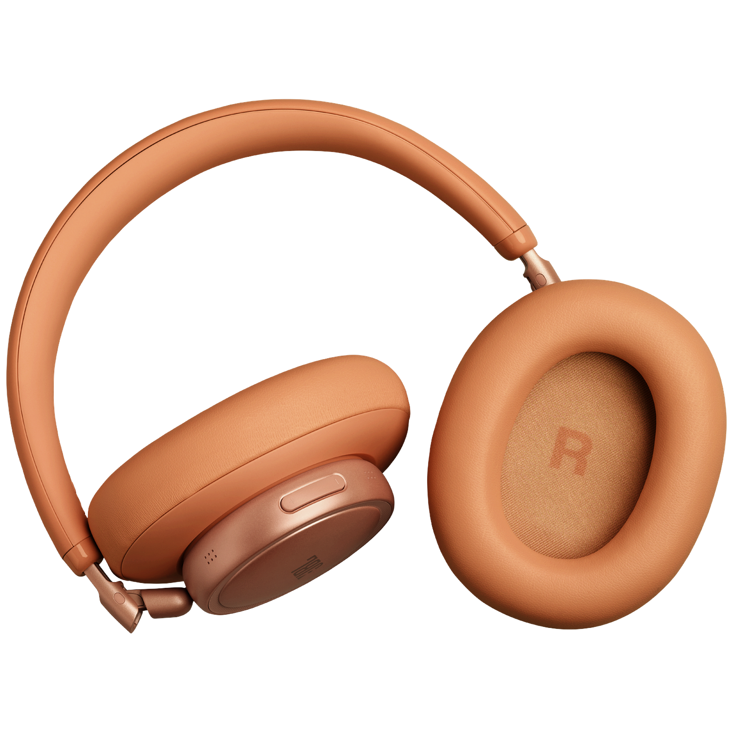Orange headphones with R symbol on a black background.