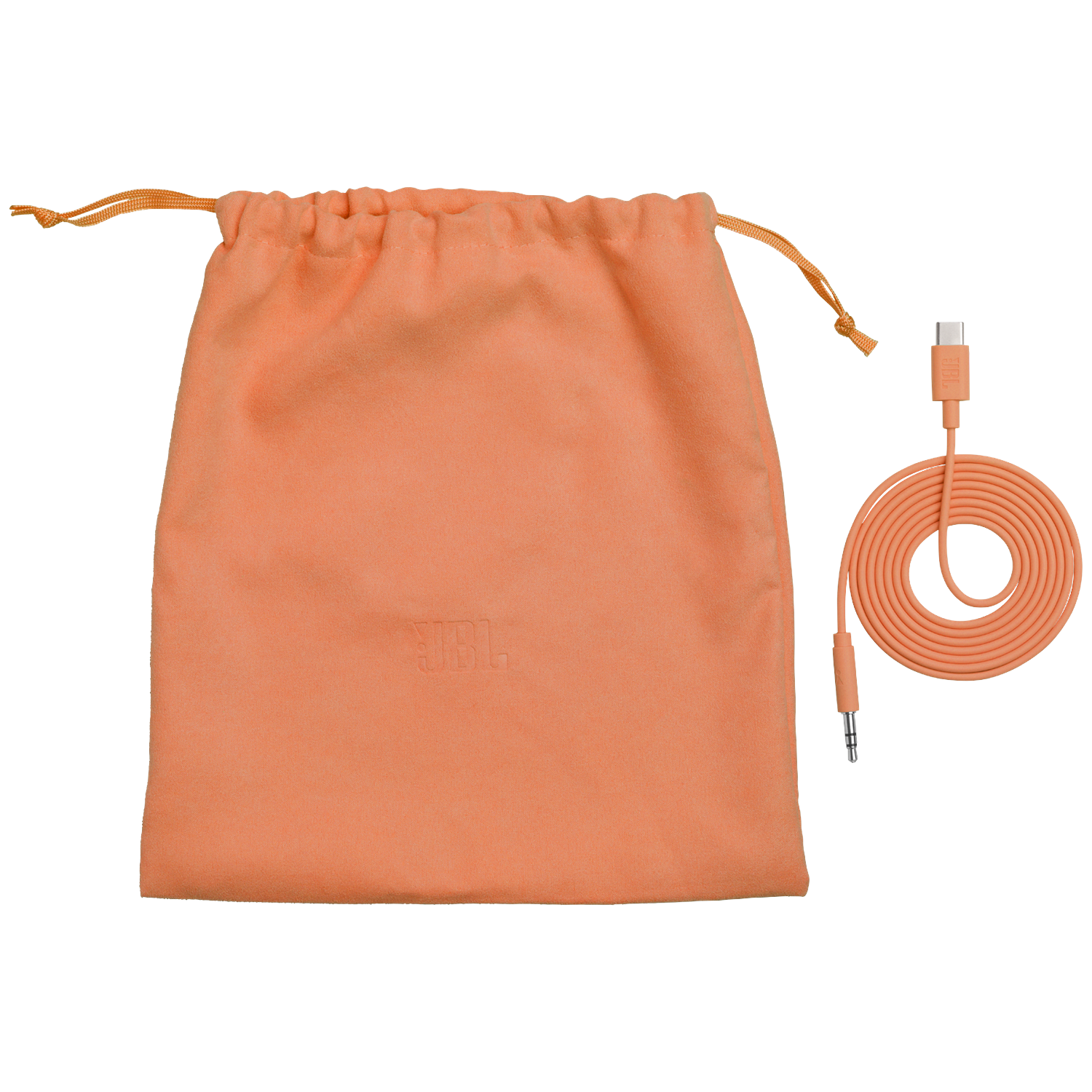 An orange JBL pouch and an orange cable with USB-C and jack plug.