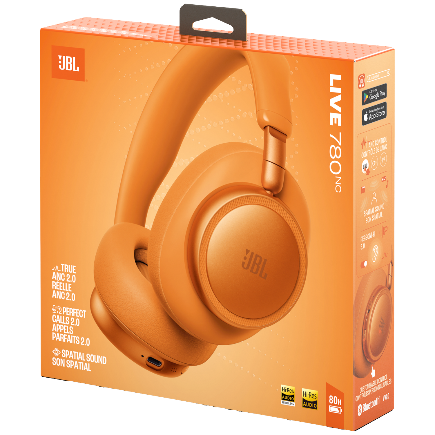 Orange JBL headphones on product packaging detailing features.