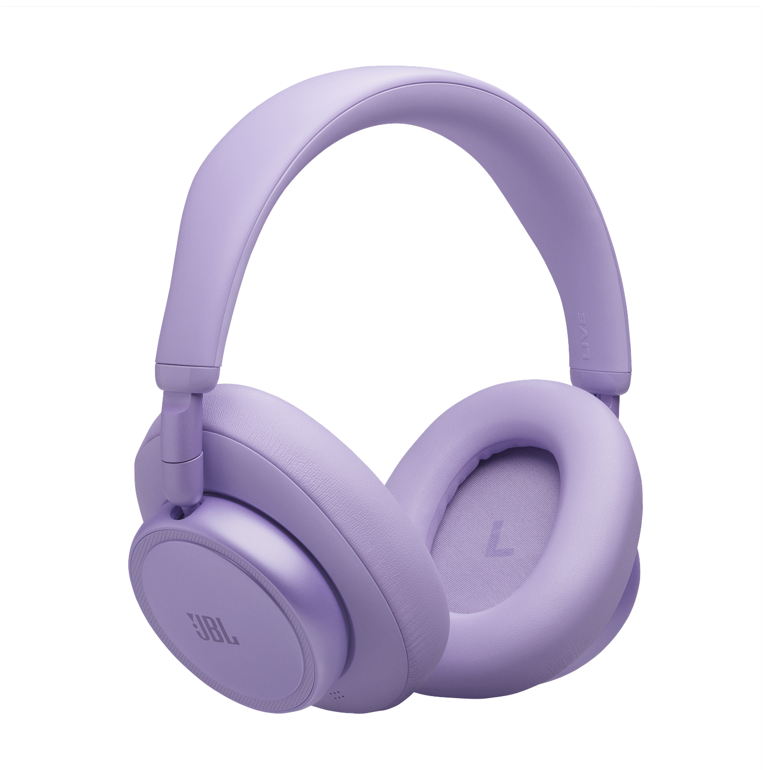 A pair of lavender JBL headphones with noise-cancelling, set against a black background.