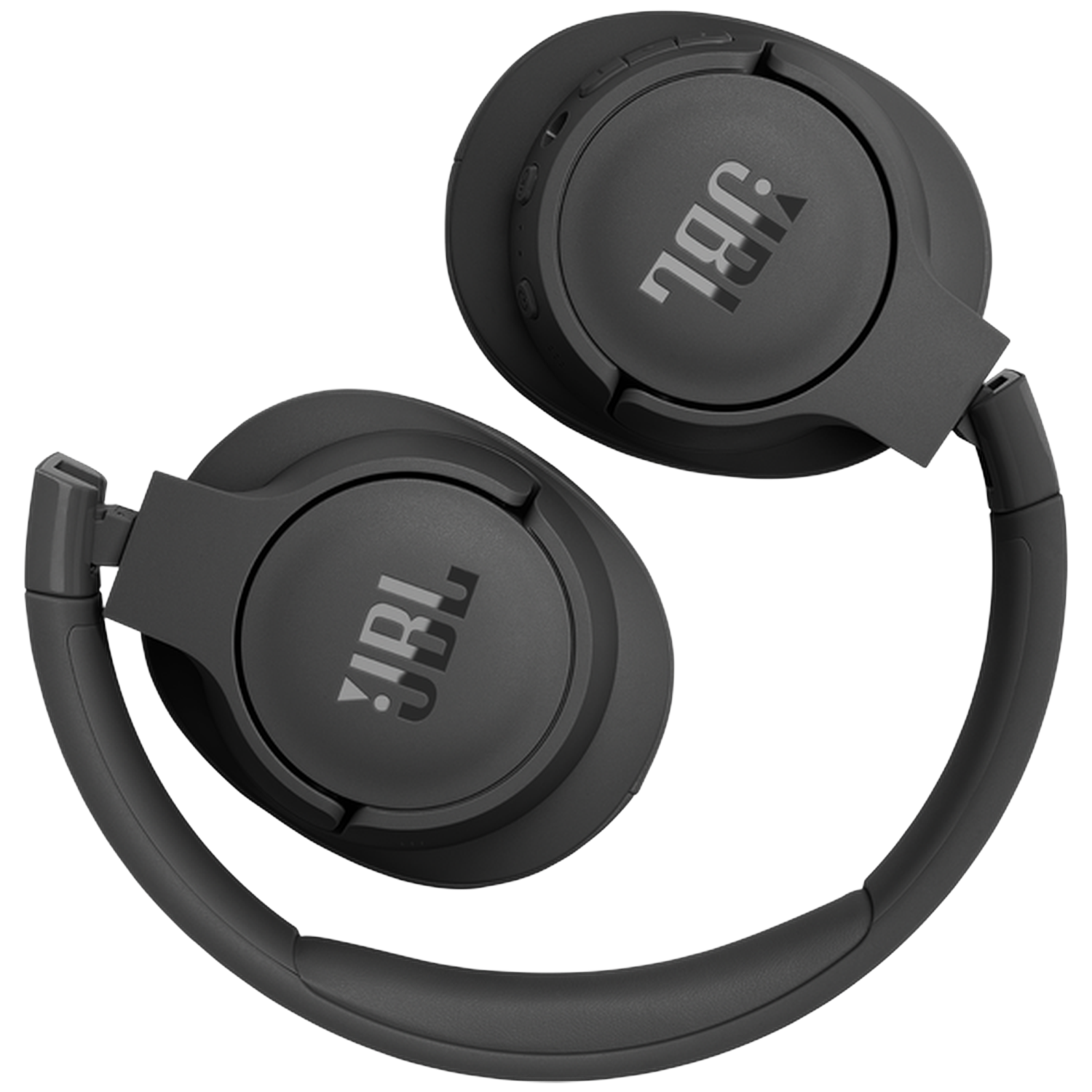 Donkergrijze JBL-koptelefoon op zwarte achtergrond.