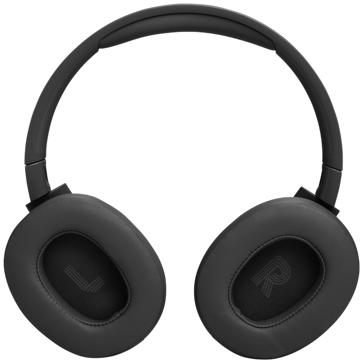 Zwarte over-ear koptelefoon met pluche oorkussens. Links- en rechtsindicatoren zijn zichtbaar.