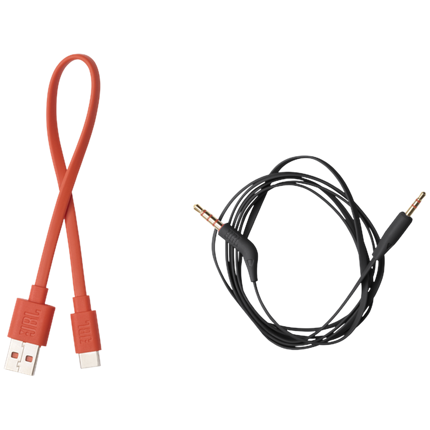 Een rode JBL USB-C-kabel en een zwarte audiokabel met twee 3,5 mm aansluitingen.