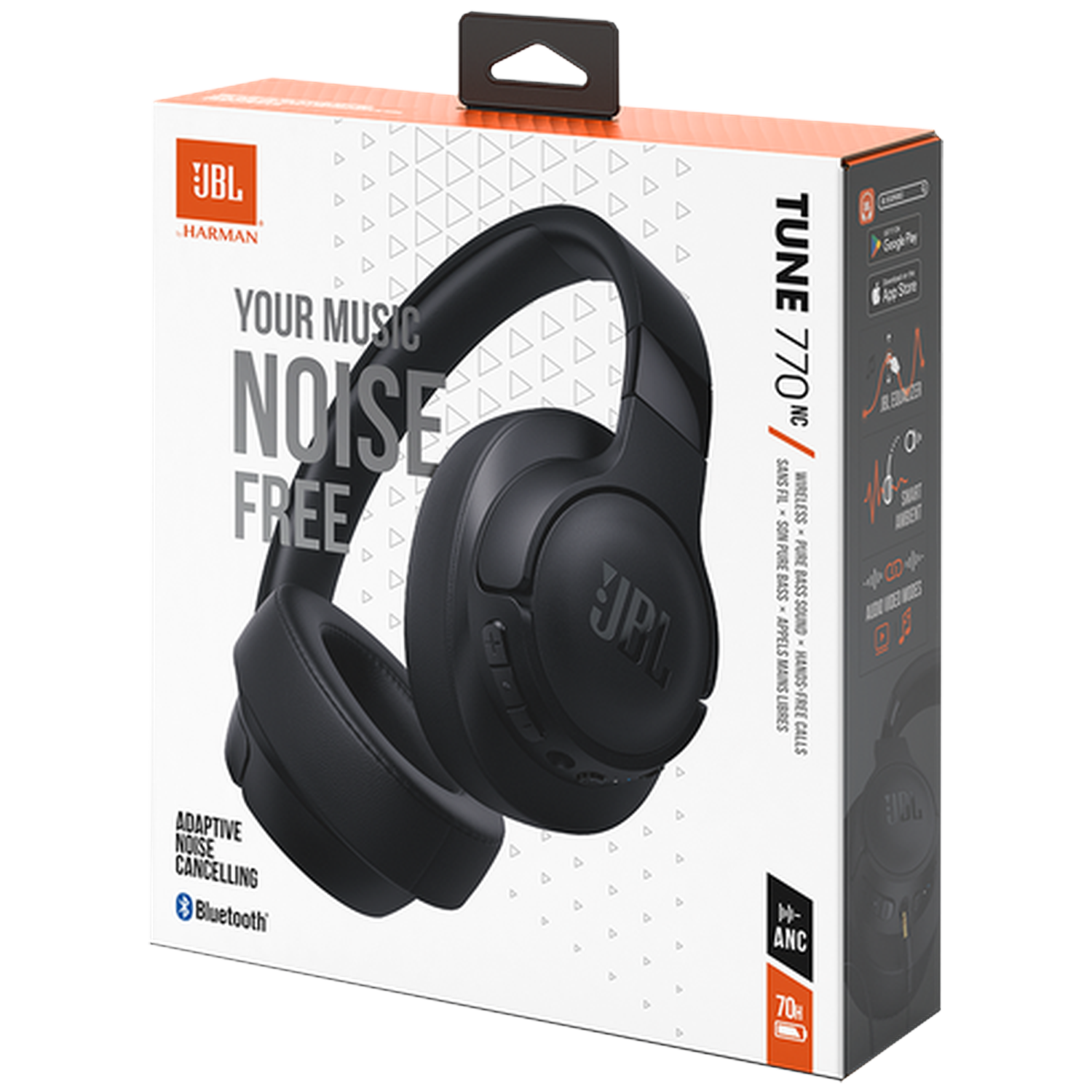 Zwarte JBL Tune 770NC koptelefoon met adaptieve ruisonderdrukking op witte verpakking.