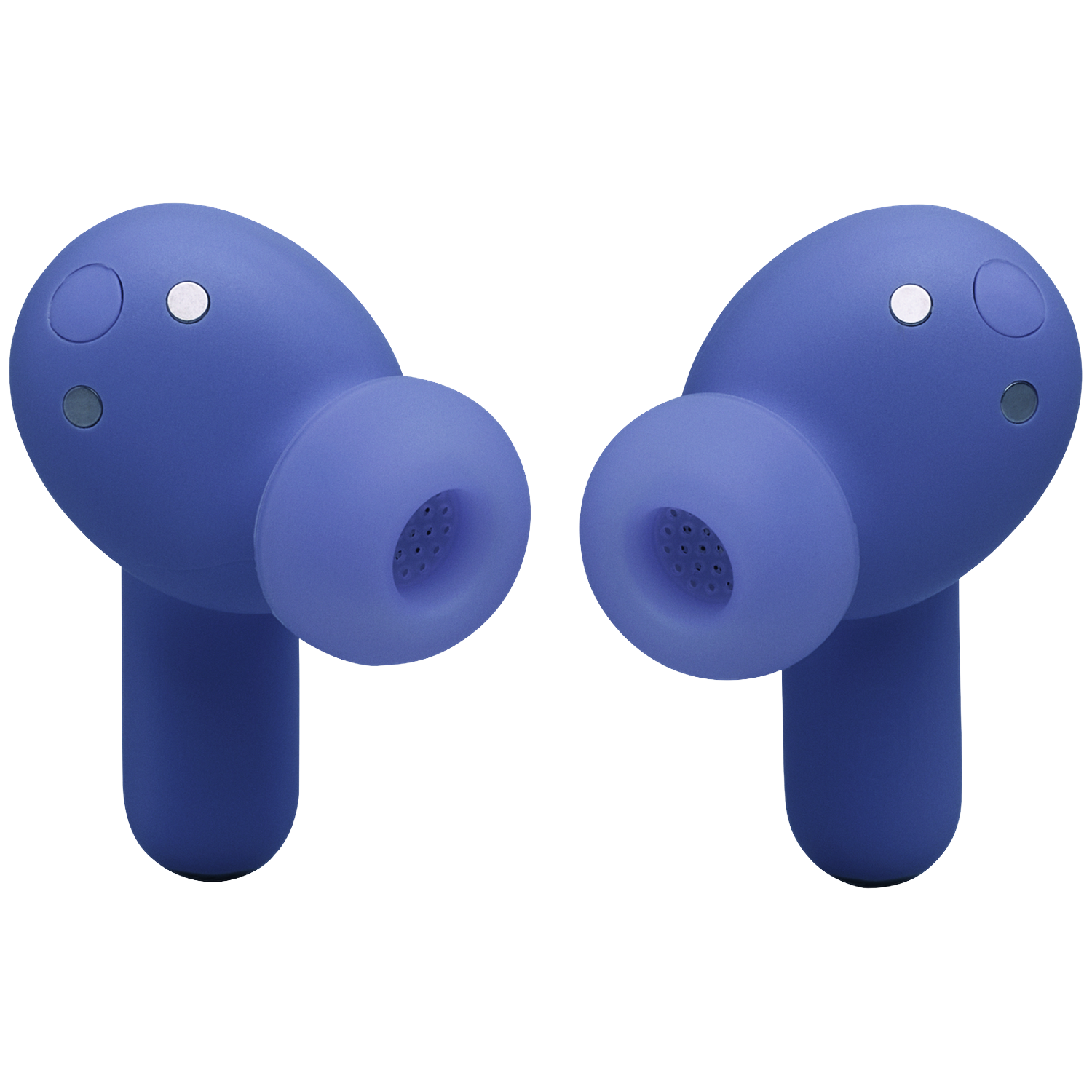 Two blue wireless earbuds with silver accents on a black background.