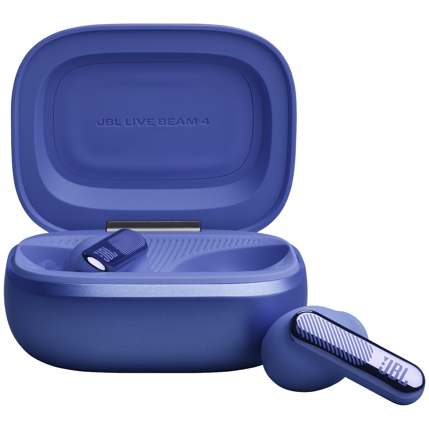 Blue JBL Live Beam 4 earbuds with charging case, one earbud in the case, one beside it.