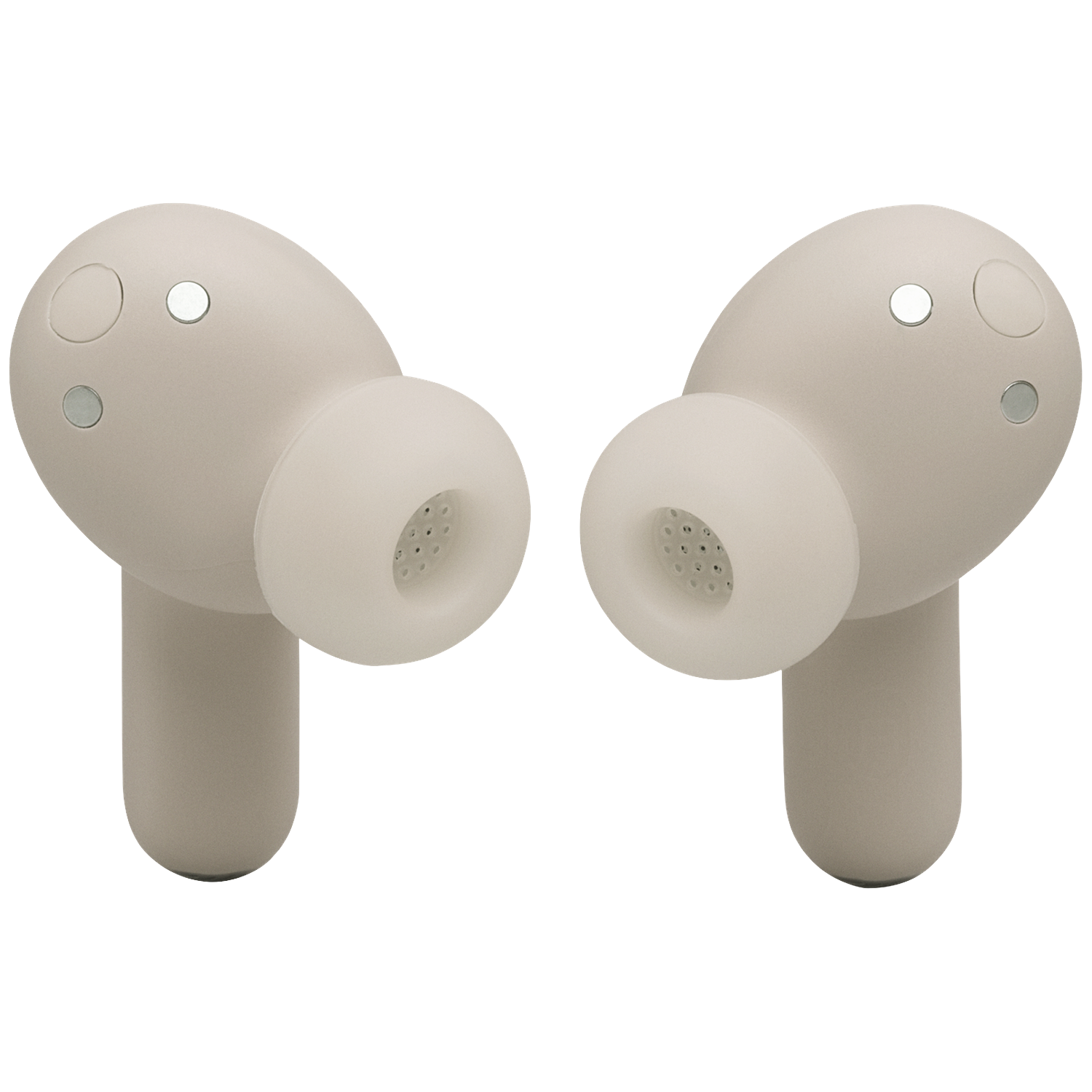 Two beige wireless earbuds against a black background.